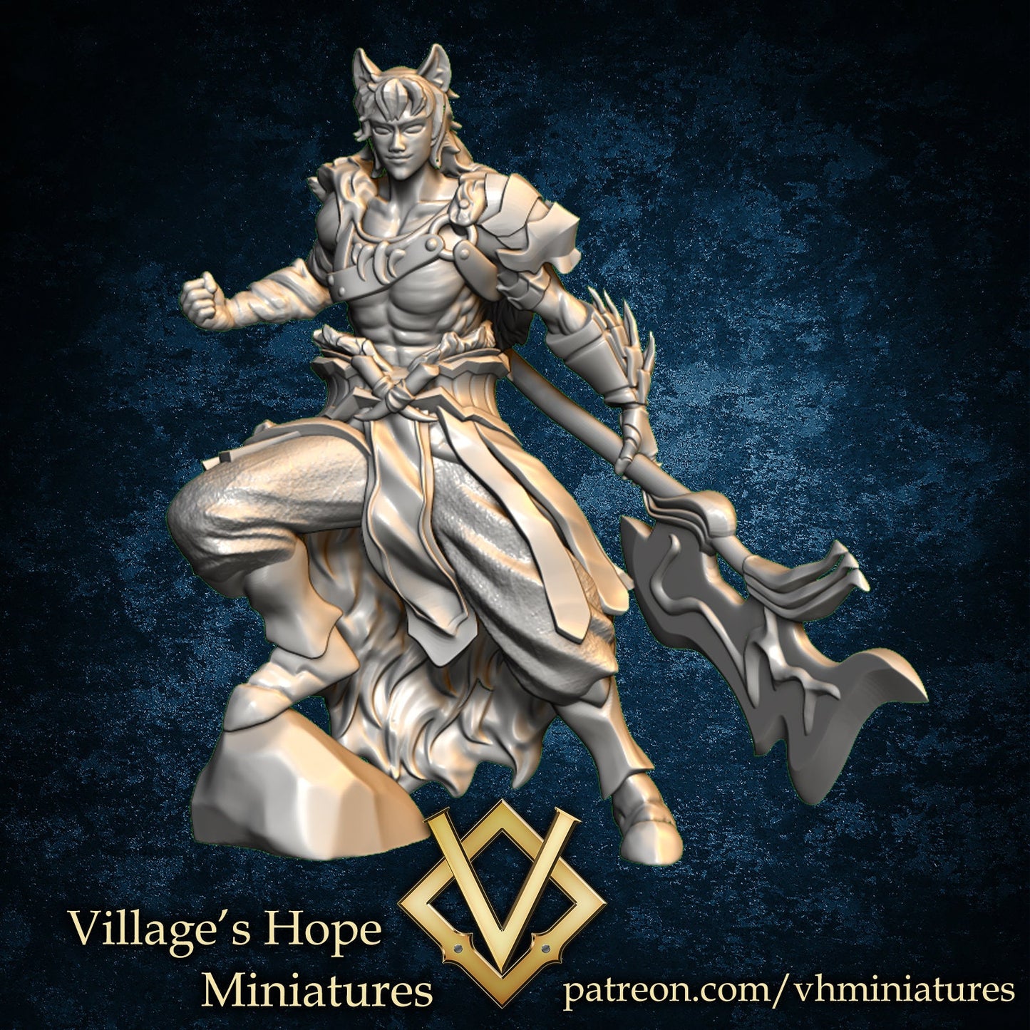 Giant Axe Lion Warrior Male (Barbarian/Warrior) | Village's Hope Miniatures | UNPAINTED Miniature in Resin