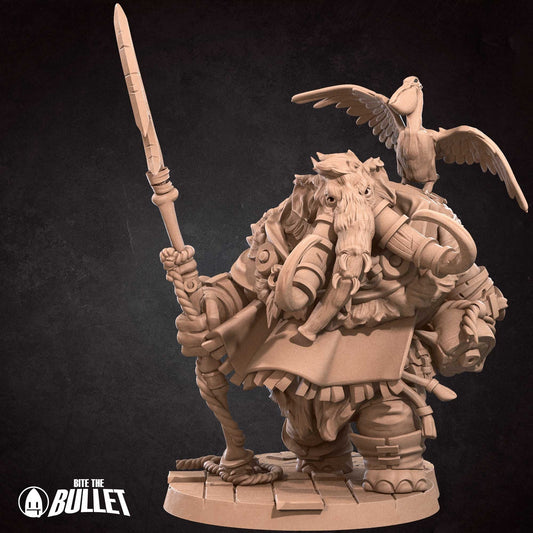Odron, the Loxodon Hunter + Pelican (2 versions) | Bite the Bullet | UNPAINTED Miniature in Resin