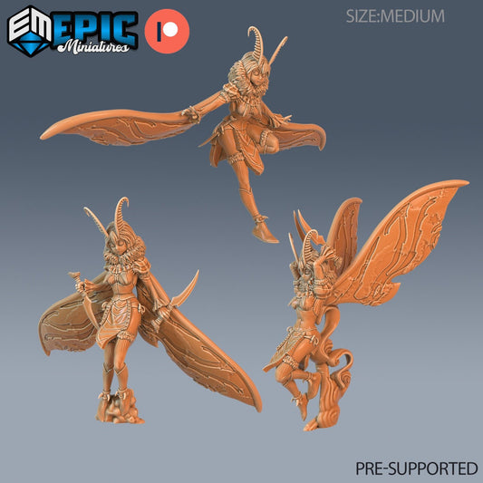 Three resin miniatures of anthropomorphic moth girls by Epic Miniatures.