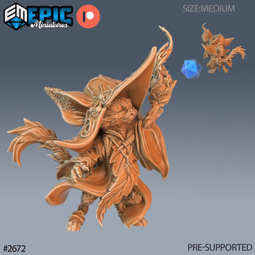 Resin miniatures by Epic Miniatures. Anthropomorphic cat druid option #1: looking up, casting a spell with one paw.