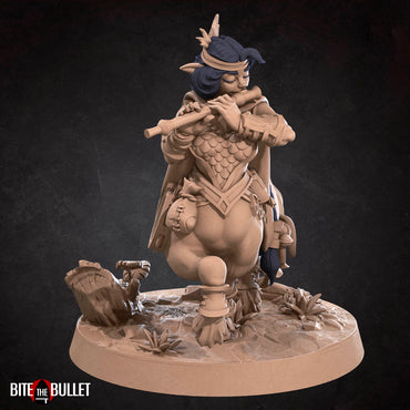 Centaur bard playing a flute; resin miniature by Bite the Bullet.