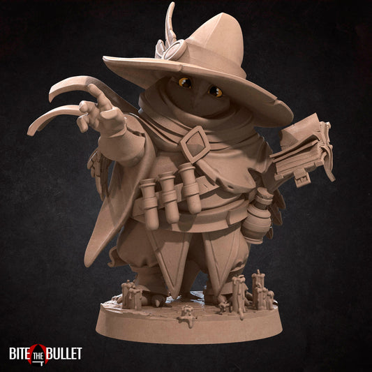 Owlfolk wizard (anthropomorphic owl) with hat; resin miniature by Bite the Bullet.