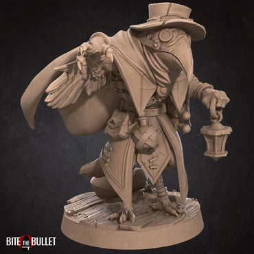 Kenku (anthropomorphic corvid) alchemist wearing a plague doctor mask and carrying a lantern; resin miniature by Bite the Bullet.