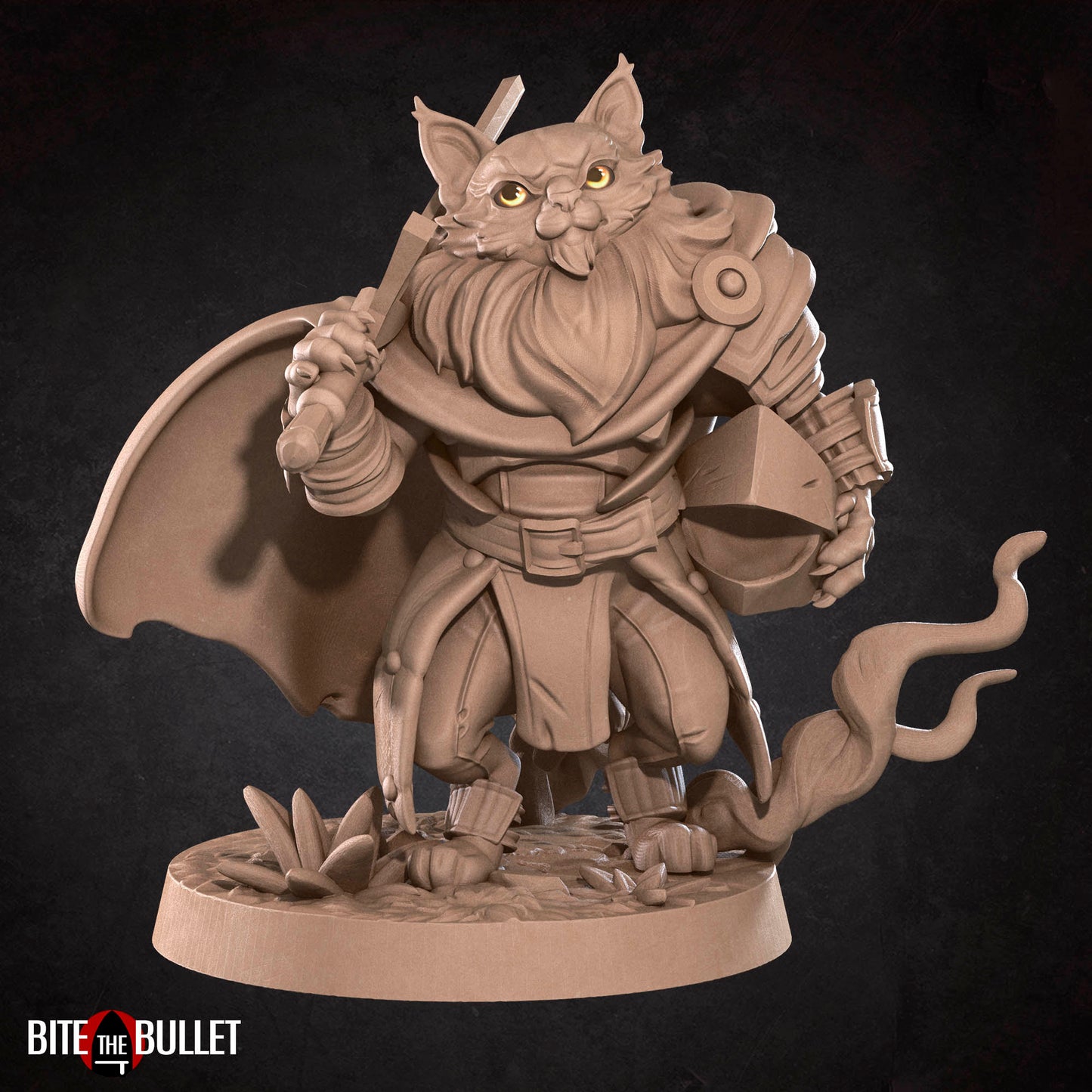 Anthropomorphic cat warrior carrying a helmet and sword; resin miniature by Bite the Bullet.