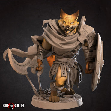 Anthropomorphic red fox warrior holding a drawn bow; resin miniature by Bite the Bullet.