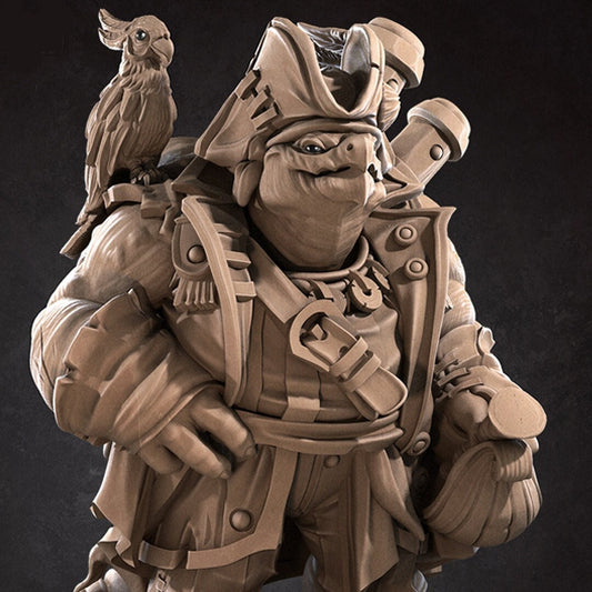 Anthropomorphic turtle pirate with a cockatoo on his shoulder. Resin miniature by Bite the Bullet.
