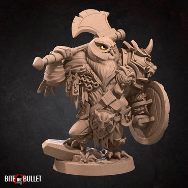 Owlfolk barbarian (anthropomorphic owl) resin miniature by Bite the Bullet.