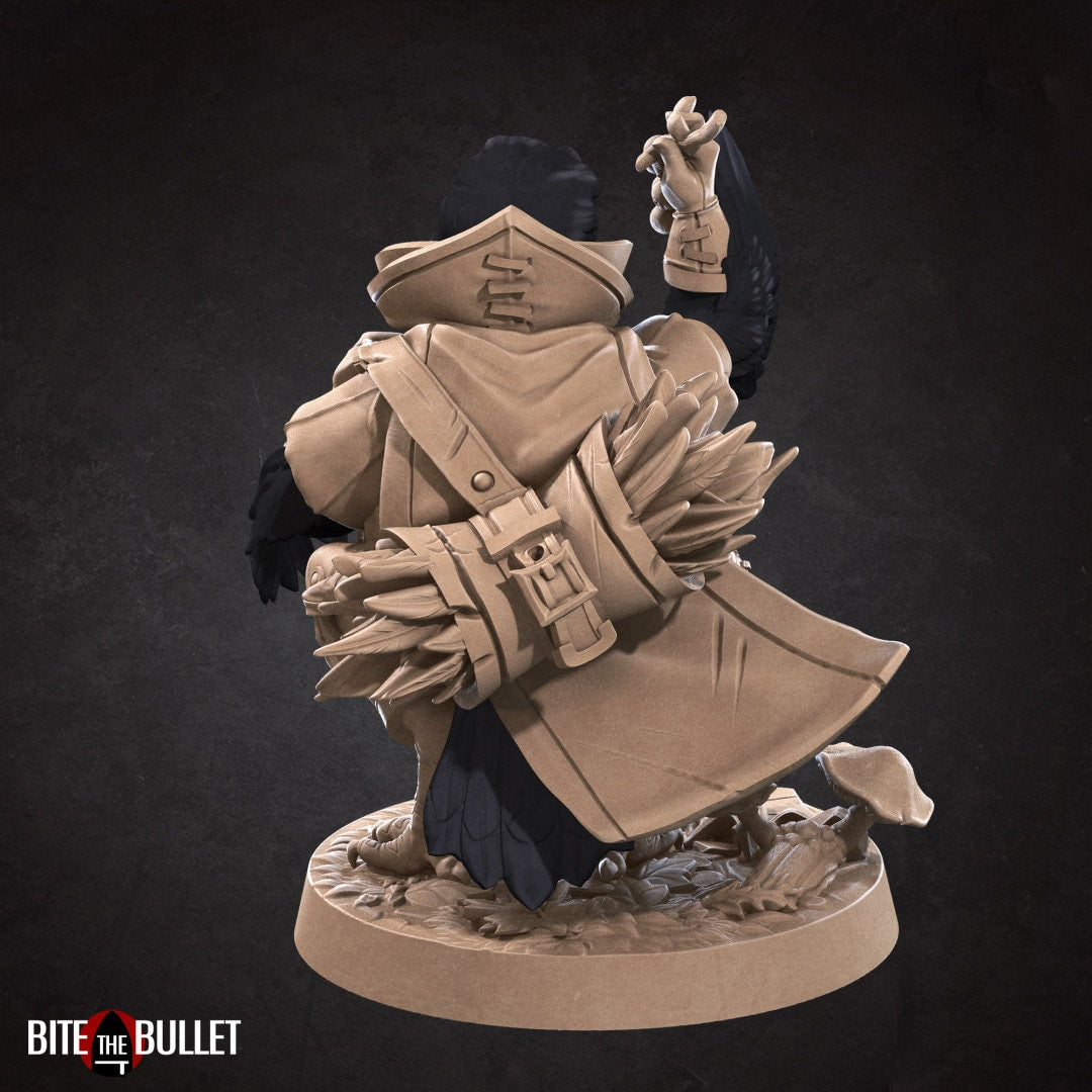 Kenku (anthropomorphic corvid) forager gathering herbs and berries; resin miniature by Bite the Bullet.