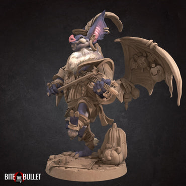 Anthropomorphic bat playing a fiddle, wings spread to display puppets hanging from them. Resin miniature by Bite the Bullet.