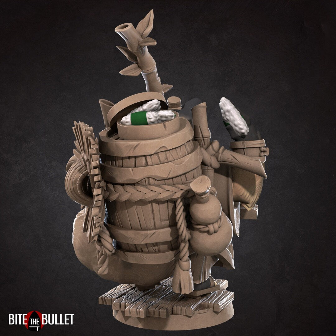 Tanuki (anthropomorphic racoon) ramen vendor with a tray strapped to his chest and additional supplies on his back. Resin miniature by Bite the Bullet.