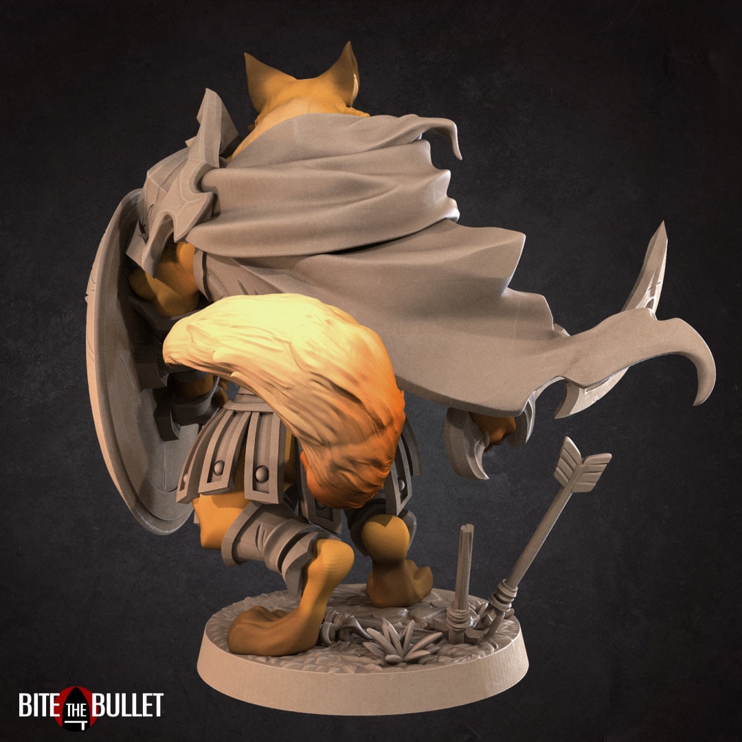 Anthropomorphic red fox warrior holding a drawn bow; resin miniature by Bite the Bullet.