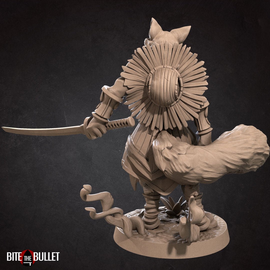 Anthropomorphic red fox monk holding a katana; resin miniature by Bite the Bullet.