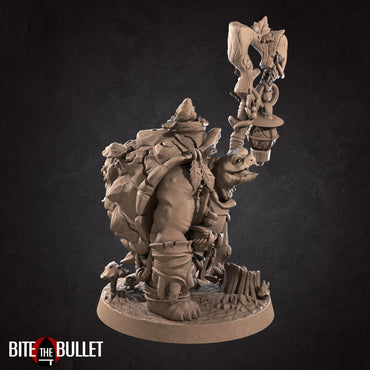 Anthropomorphic tortoise holding a staff, a squirrel perched on his arm. Resin miniature by Bite the Bullet.