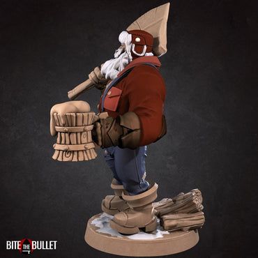 Sexy lumberjack with open shirt, exposing muscular chest. Axe on his shoulder, frothy wooden mug in hand. Resin miniature by Bite the Bullet.