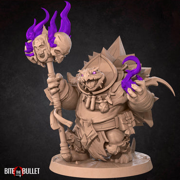Anthropomorphic turtle warlock with a skull hammer and spell effect. Resin miniature by Bite the Bullet.