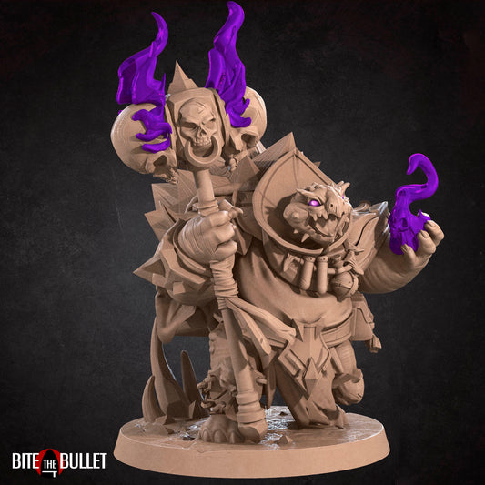 Anthropomorphic turtle warlock with a skull hammer and spell effect. Resin miniature by Bite the Bullet.