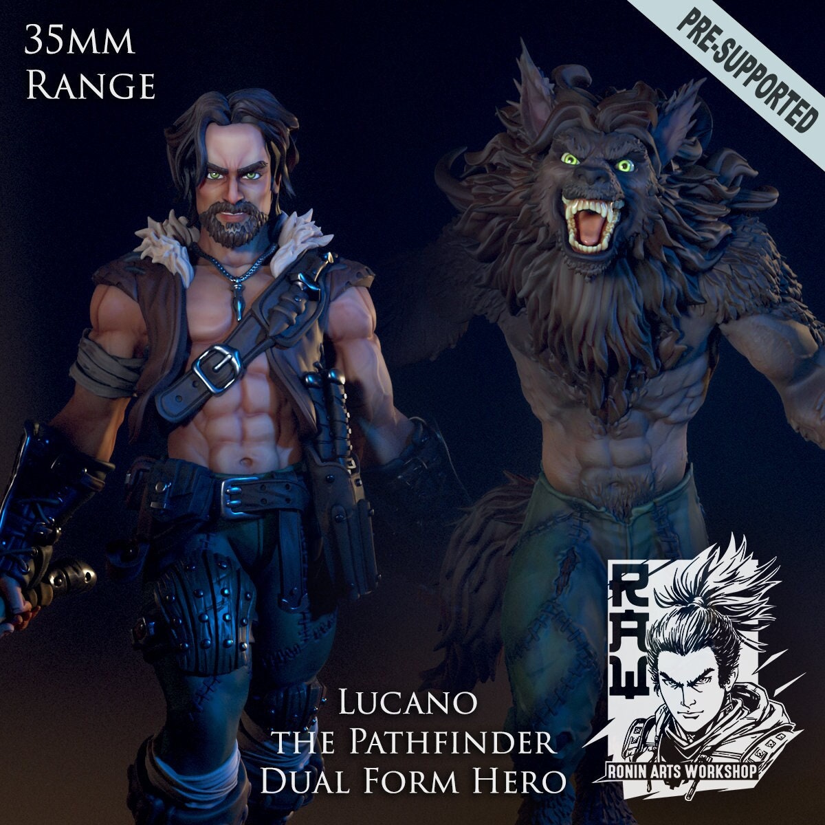 Lucano The Lycan Pathfinder (Dual-form Mini) | Ronin Arts Workshop | UNPAINTED Miniature in Resin