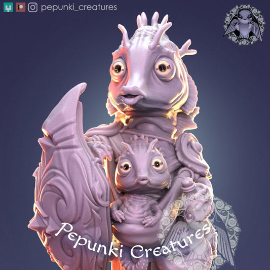 Seahorse Guardian with Baby | Pepunki Creatures | UNPAINTED Miniature in Resin