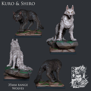 Shiro & Kuro (Companion Wolves) | Ronin Arts Workshop | UNPAINTED Miniature in Resin