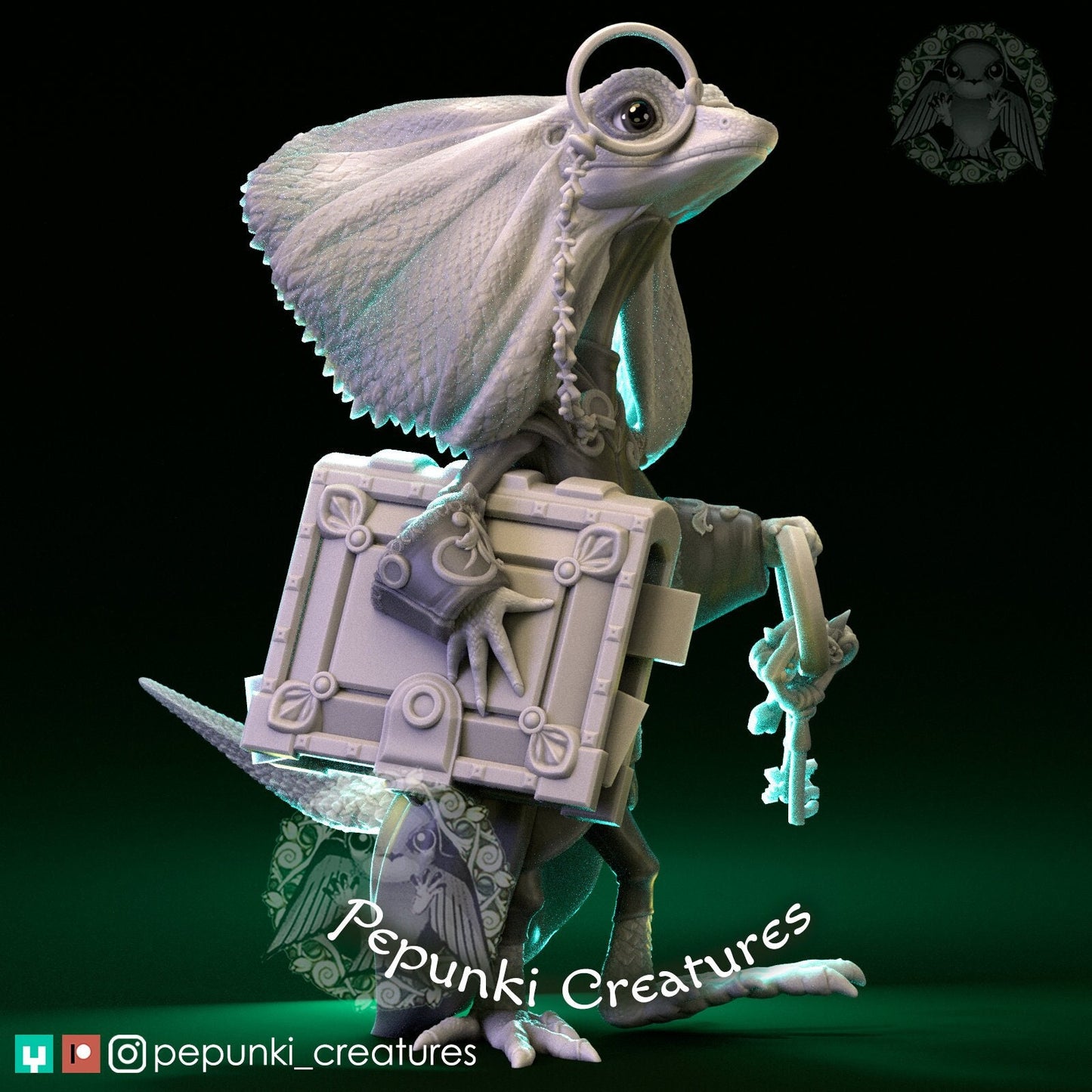 Frilled Lizard Librarian | Pepunki Creatures | UNPAINTED Miniature in Resin