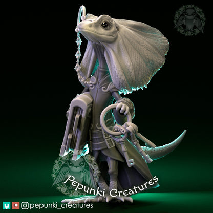 Frilled Lizard Librarian | Pepunki Creatures | UNPAINTED Miniature in Resin