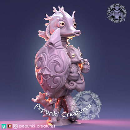 Seahorse Guardian with Baby | Pepunki Creatures | UNPAINTED Miniature in Resin
