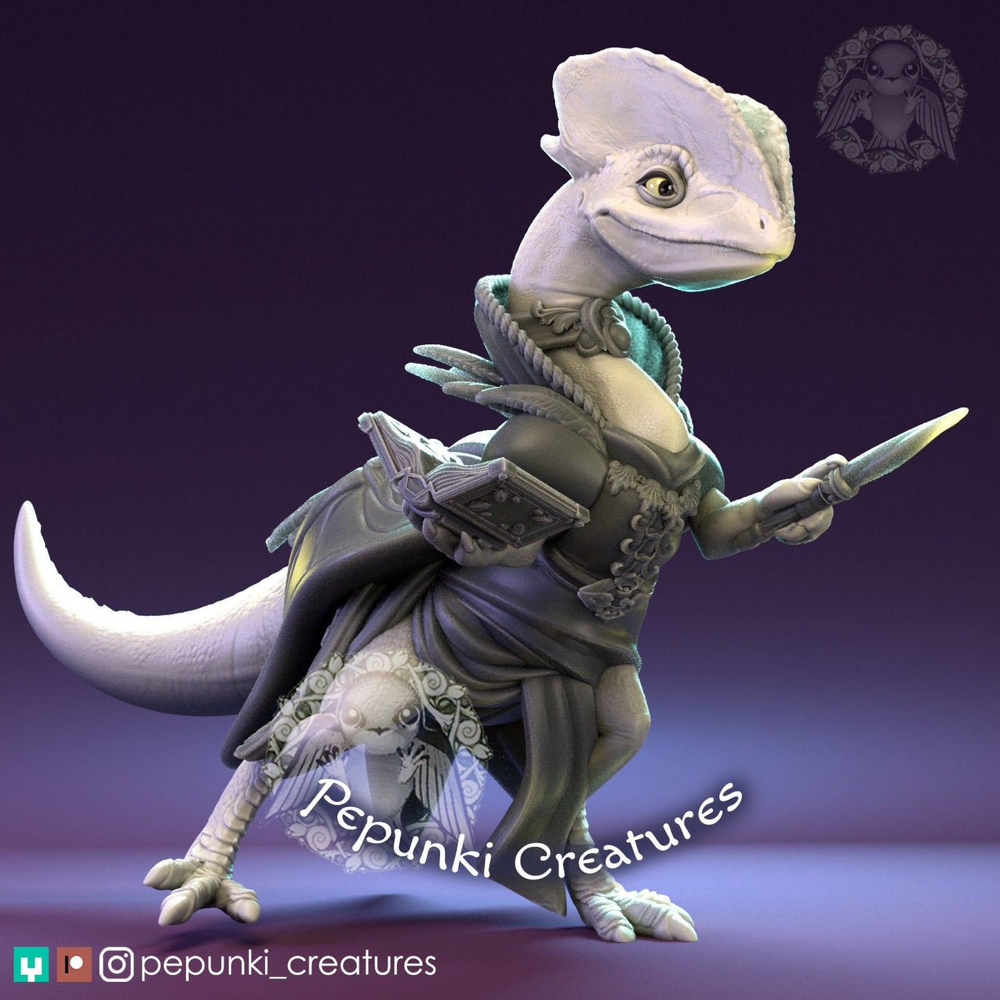 Dilophosaur Wizardess | Pepunki Creatures | UNPAINTED Miniature in Resin