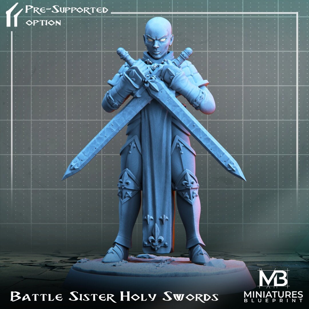 Bald woman in armor, dual-wielding swords. Resin miniature by Miniatures Blueprint.