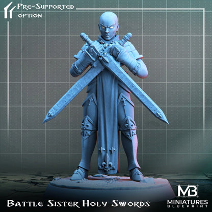 Bald woman in armor, dual-wielding swords. Resin miniature by Miniatures Blueprint.