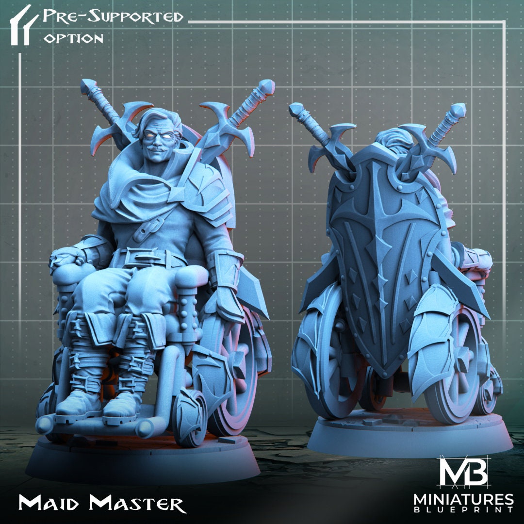Maid Master | Knight in Wheelchair | Miniatures Blueprint | UNPAINTED Miniature in Resin
