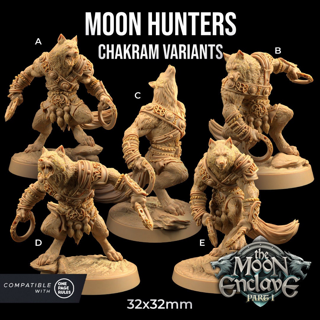 Moon Hunters (5 versions + weapon variants) | The Moon Enclave | Dragon Trappers Lodge | UNPAINTED Miniature in Resin