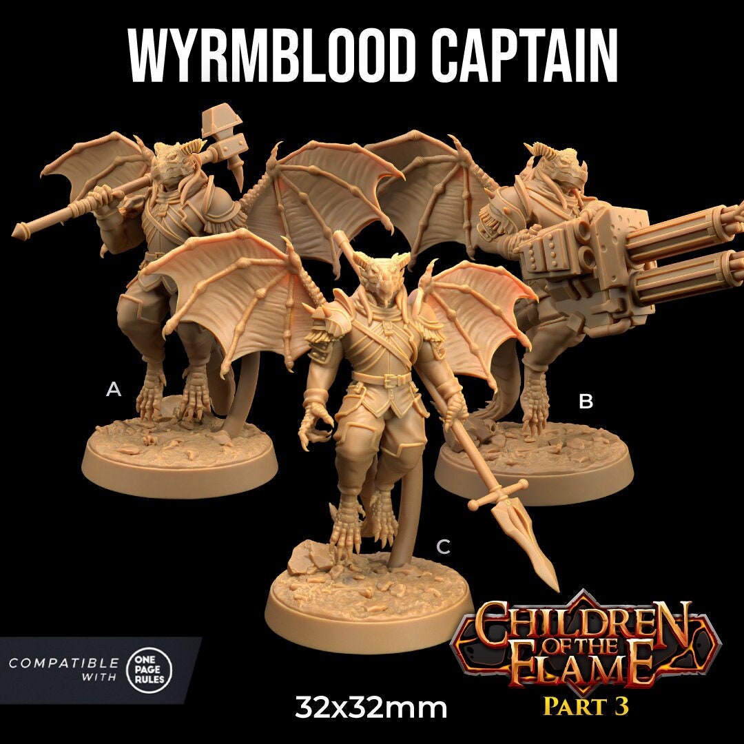 Wyrmblood Captain (3 versions) | Children of the Flame Part 3 | One Page Rules Compatible | Dragon Trappers Lodge | RPG Miniature in Resin