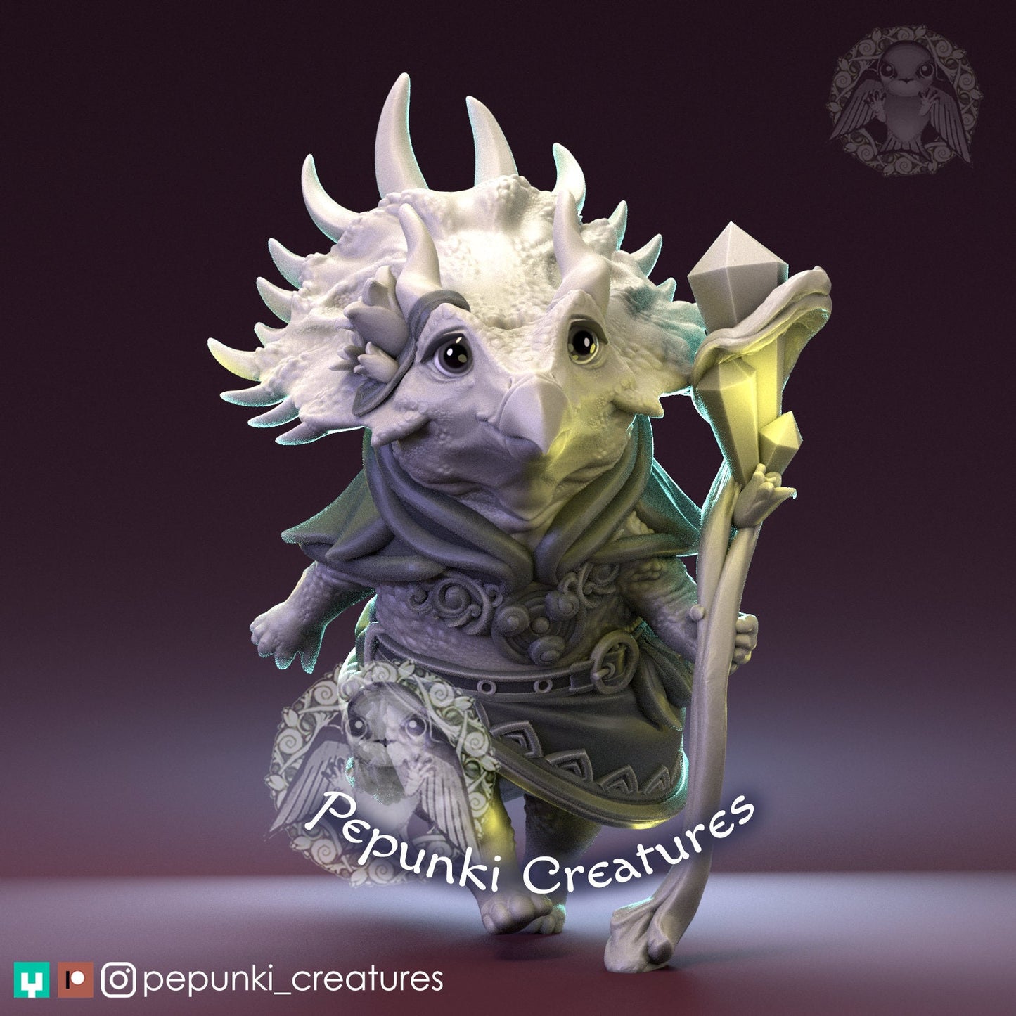 Triceratops Sorceress Lady | Pepunki Creatures | UNPAINTED Miniature in Resin
