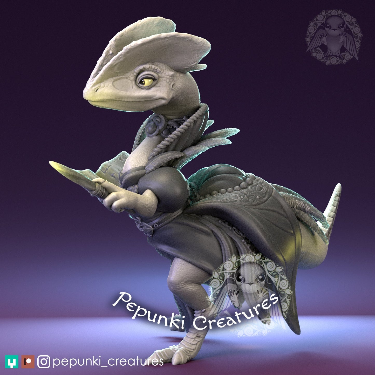 Dilophosaur Wizardess | Pepunki Creatures | UNPAINTED Miniature in Resin