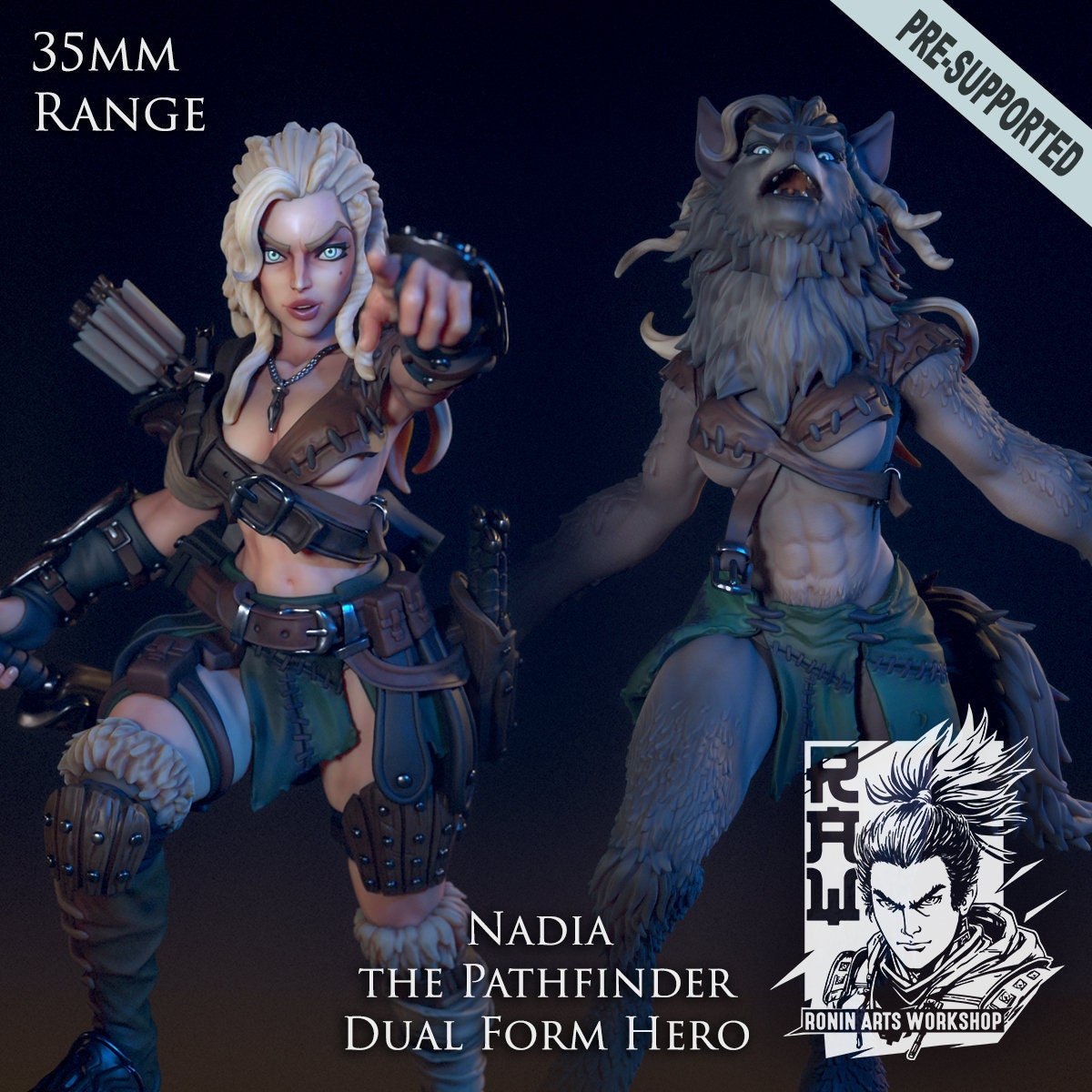 Nadia The Lycan Pathfinder (Dual-form Mini) | Ronin Arts Workshop | UNPAINTED Miniature in Resin