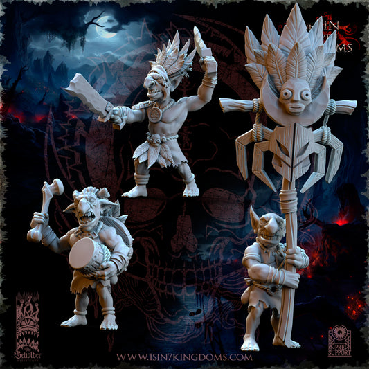 Black Horde Goblins Jungle Warriors Command Group| Beholder Miniatures | UNPAINTED Miniature in Resin