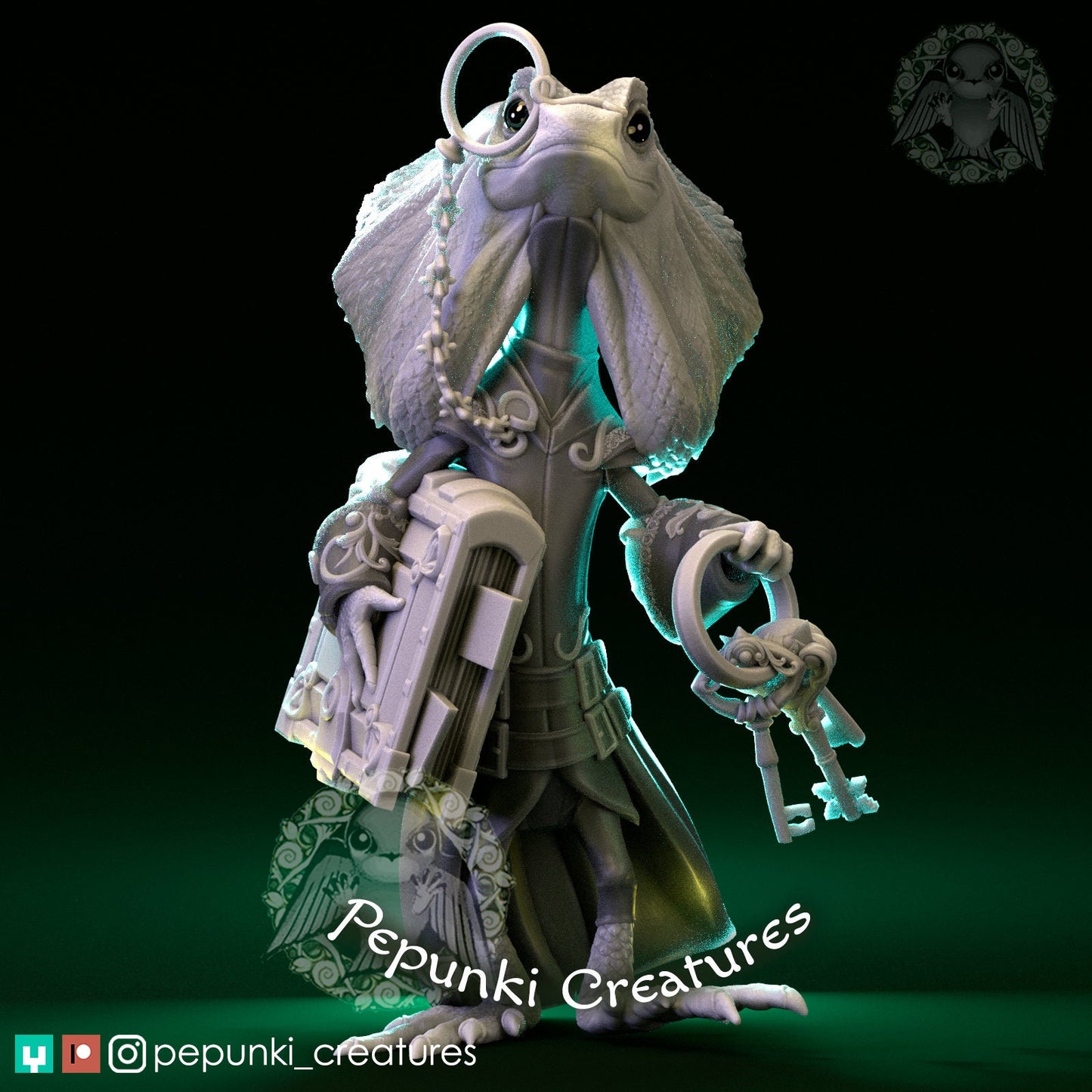 Frilled Lizard Librarian | Pepunki Creatures | UNPAINTED Miniature in Resin