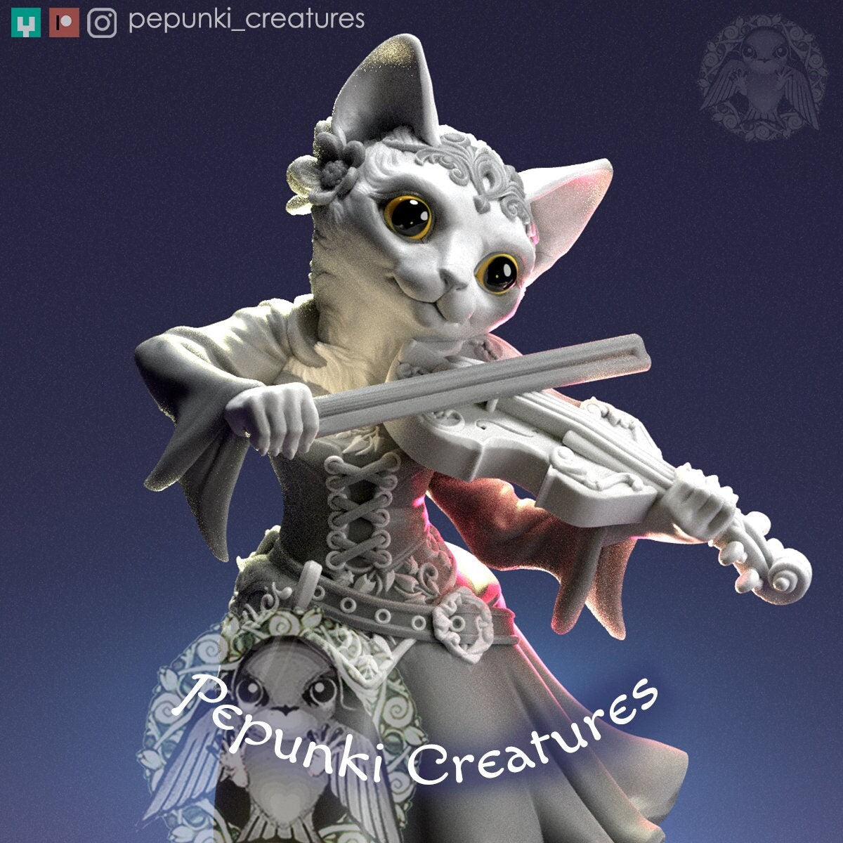 Cat Lady with Violin | Pepunki Creatures | UNPAINTED Miniature in Resin