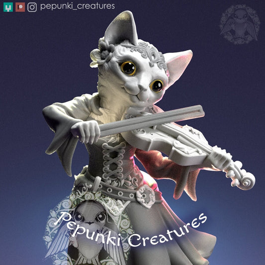 Cat Lady with Violin | Pepunki Creatures | UNPAINTED Miniature in Resin