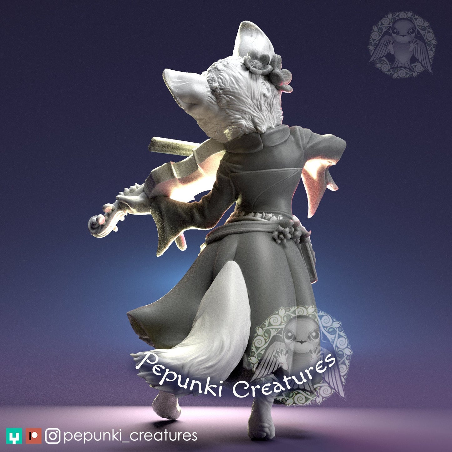 Cat Lady with Violin | Pepunki Creatures | UNPAINTED Miniature in Resin