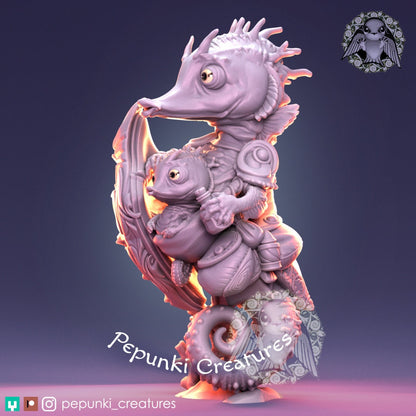 Seahorse Guardian with Baby | Pepunki Creatures | UNPAINTED Miniature in Resin