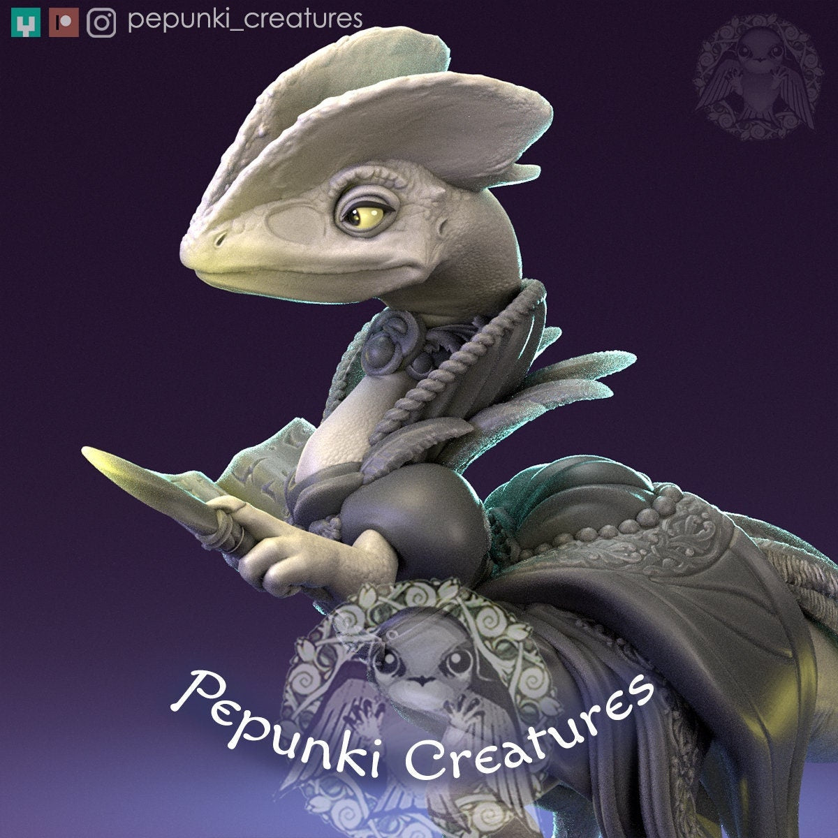 Dilophosaur Wizardess | Pepunki Creatures | UNPAINTED Miniature in Resin