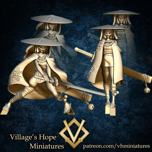Odachi (Great Katana) Girls with Fox Mask | Village's Hope Miniatures | UNPAINTED Miniature in Resin
