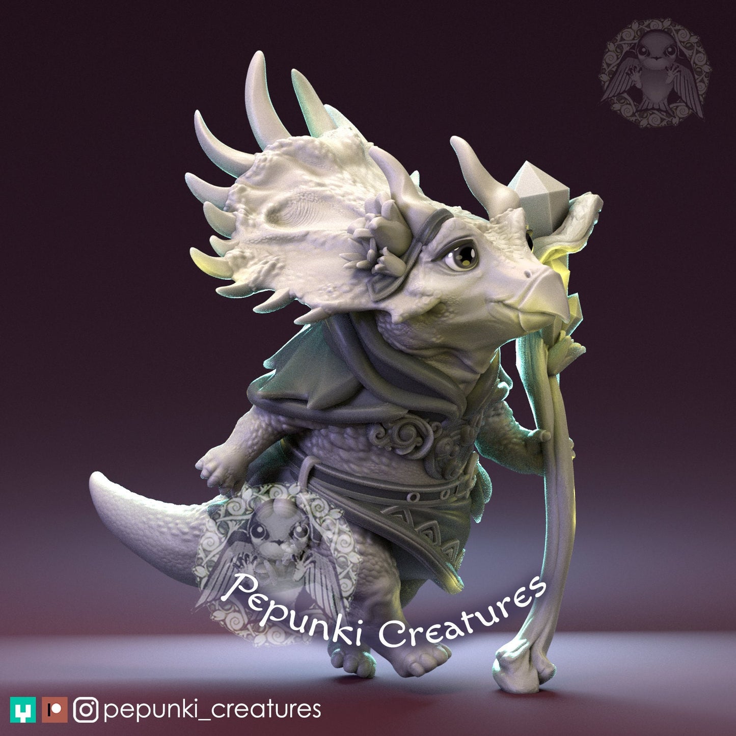 Triceratops Sorceress Lady | Pepunki Creatures | UNPAINTED Miniature in Resin