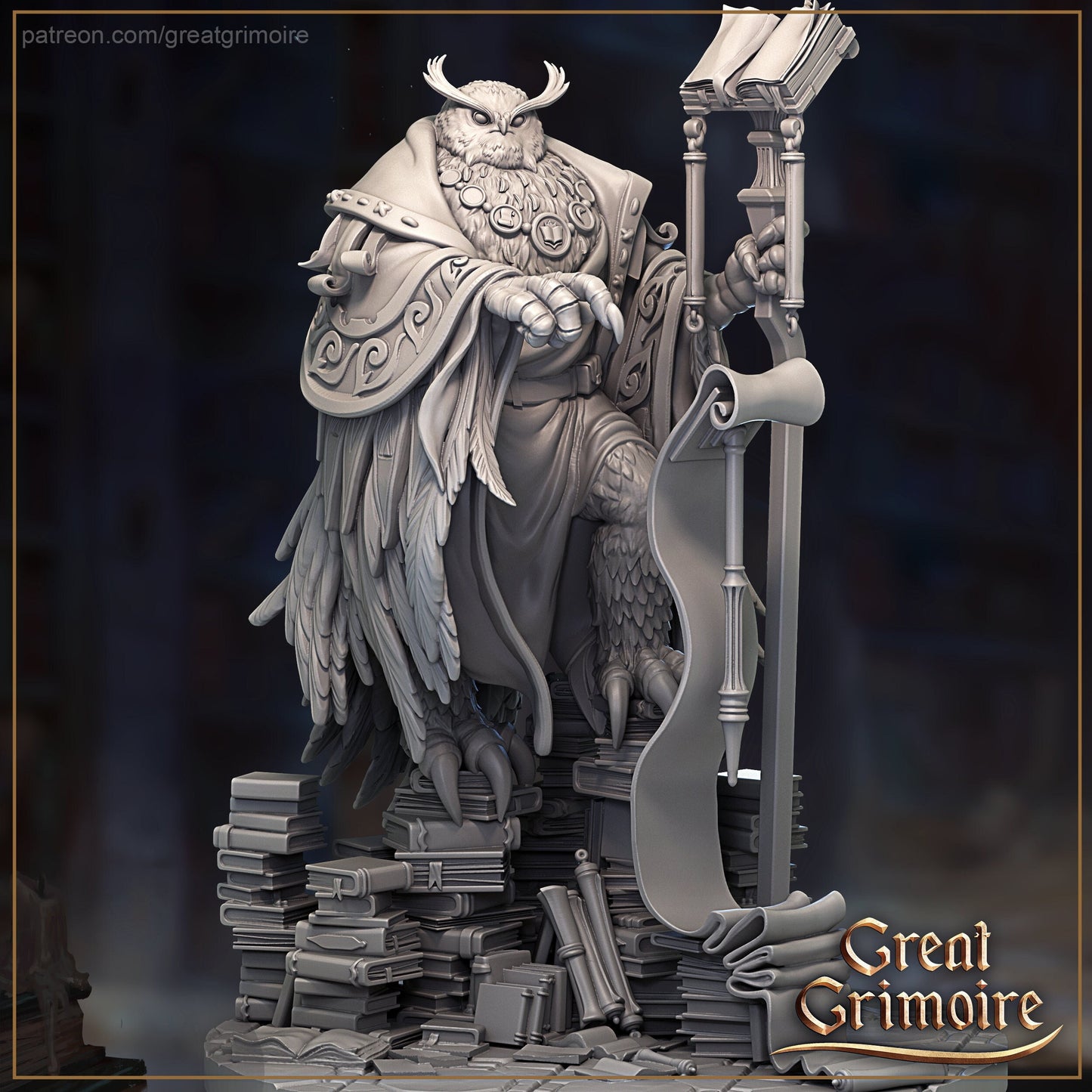 The Owl Archivist | Halls of the Secret Sand Library | Great Grimoire | UNPAINTED Miniature in Resin