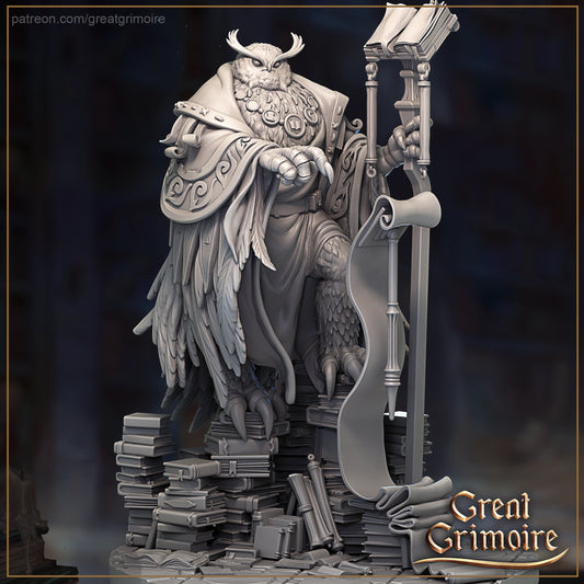 The Owl Archivist | Halls of the Secret Sand Library | Great Grimoire | UNPAINTED Miniature in Resin