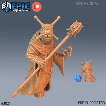 Resin miniature of anthropomorphic snail mage, version #2 (standing) by Epic Miniatures.