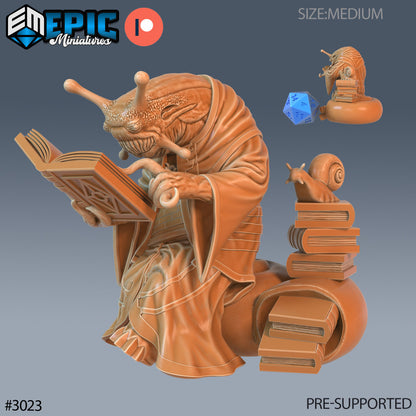 Resin miniature of anthropomorphic snail mage, version #1 (reading) by Epic Miniatures.