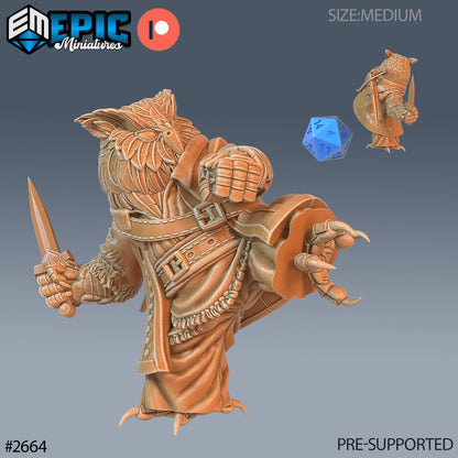 Resin miniatures by Epic Miniatures. Anthropomorphic owl option #3: crossbow strapped to back, dagger in hand, kicking forward.