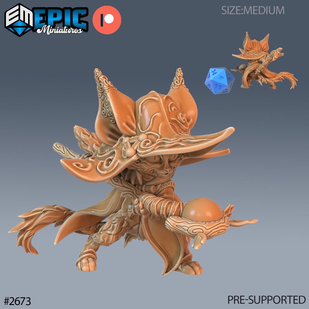 Resin miniatures by Epic Miniatures. Anthropomorphic cat druid option #2: wielding a staff pointing forward.